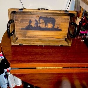 Rustic Wooden Serving Tray with Cowboy Design